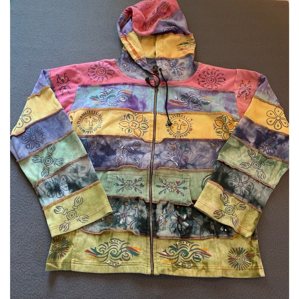 Rising International Full Zip Hoodie Jacket Lg Multicolor Boho Hippie Patchwork